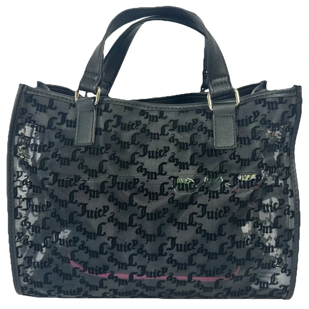 Juicy Couture Black Mesh Gothic Logo Satchel Crossbody‎ Bag Gold Tone Hardware